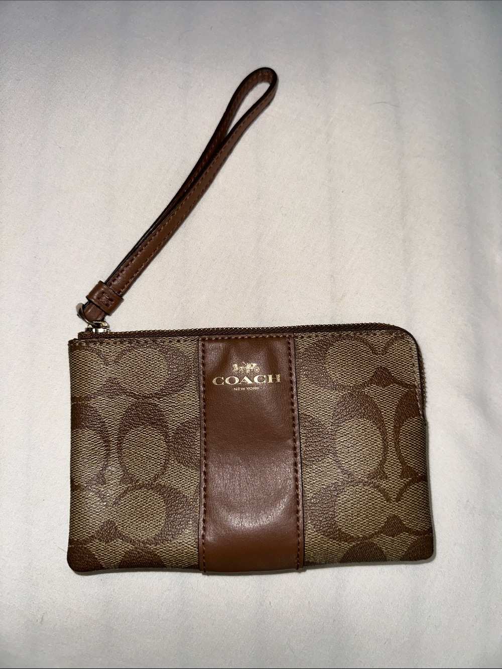 COACH Brown Signature Canvas Wristlet with Leather Trim